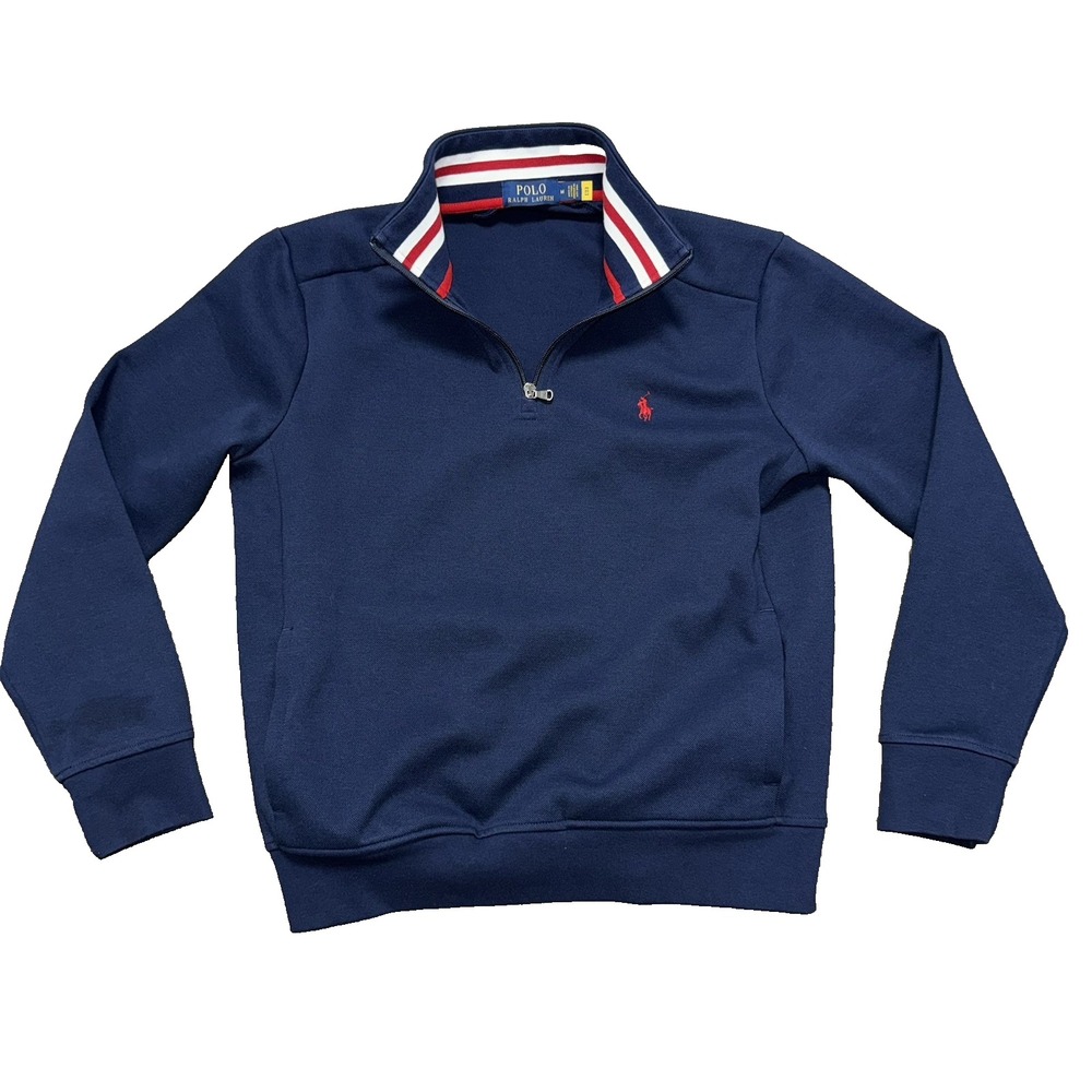 Polo Ralph Lauren Men's Navy Blue Stripe Collar 1/4 Zip Pullover Sweater Size M